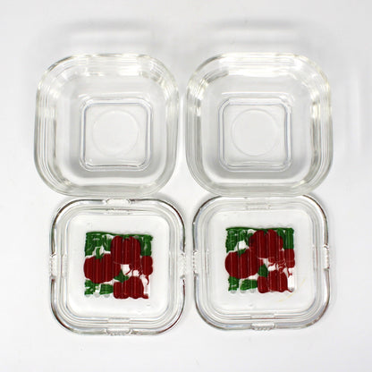 two vintage glass square fridgies from McKee Glass, shown open. 