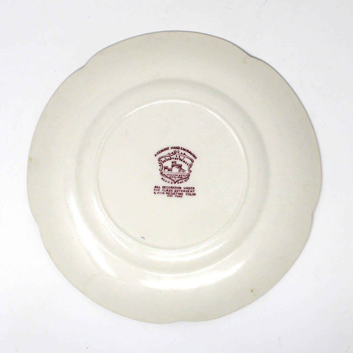 Back view of a vintage Dessert / Salad Plate by Johnson Bros.  Dover - Mulberry Floral Pattern, English Earthenware