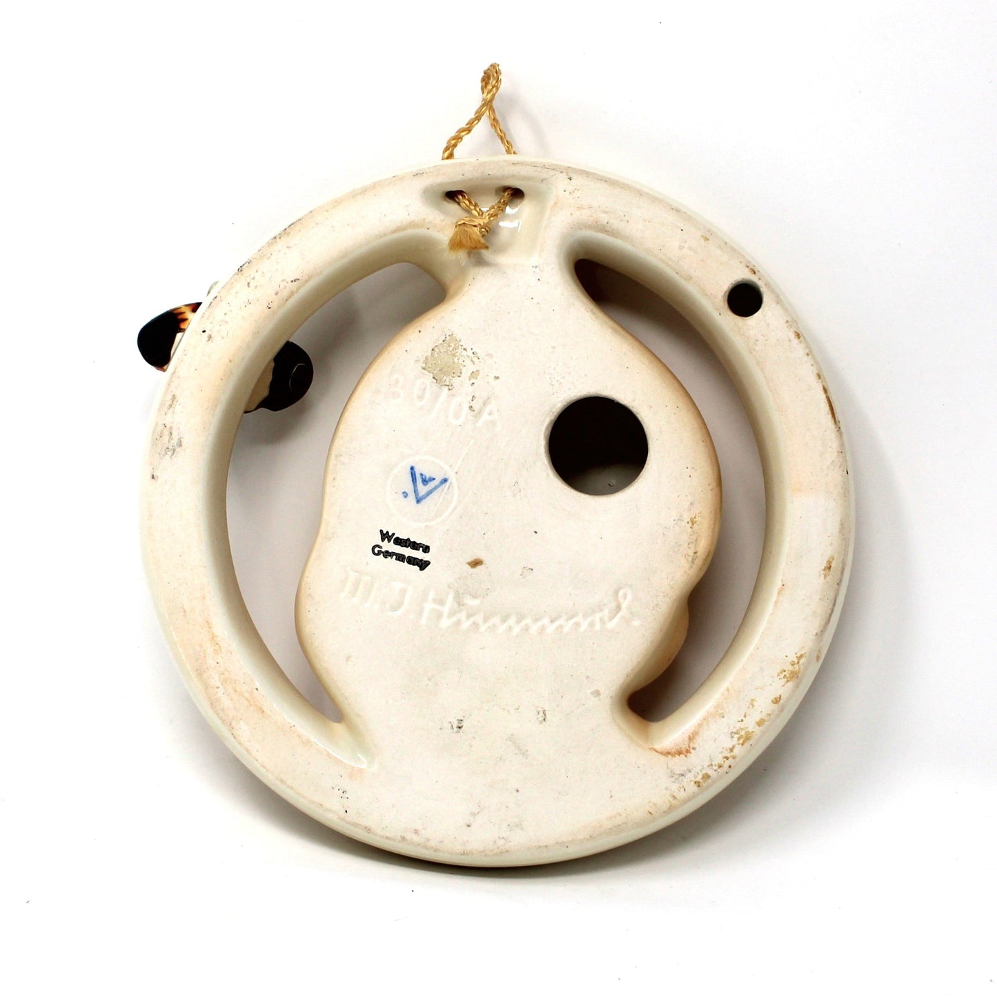 Back view of vintage Hummel Wall Plaque: Goebel Ba-Bee Ring Boy (30/0A), TMK-3 Stylized Bee, West Germany