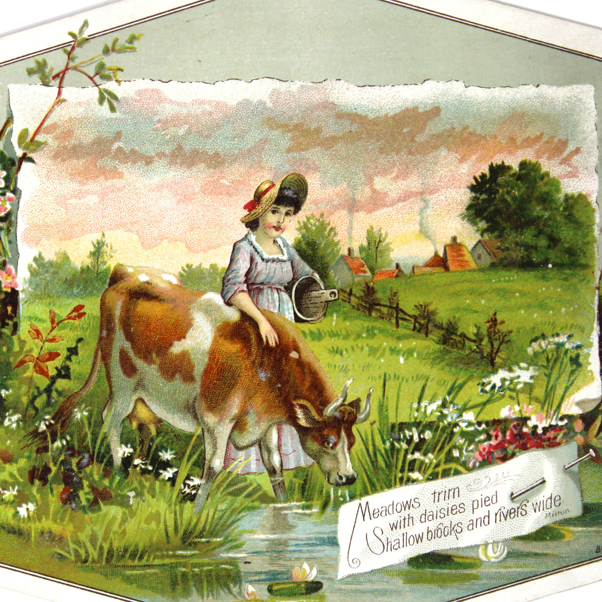 close up of antique Trade Card: Lion Coffee, Milkmaid and Cow at Pond, Woolson Spice Co., 1880s Advertising Ephemera