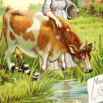 Trade Card: Lion Coffee, Milkmaid and Cow at Pond, Woolson Spice Co., Antique 1880s Advertising Ephemera