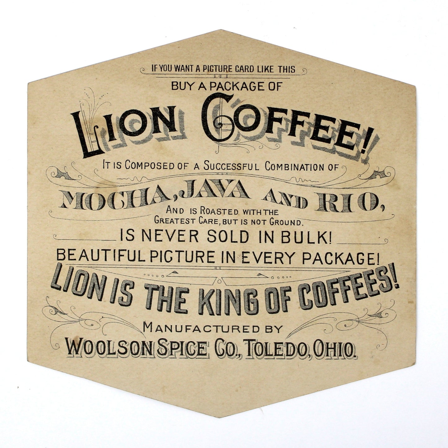 Back view of antique Trade Card: Lion Coffee, Woolson Spice Co., Antique 1880s Advertising Ephemera