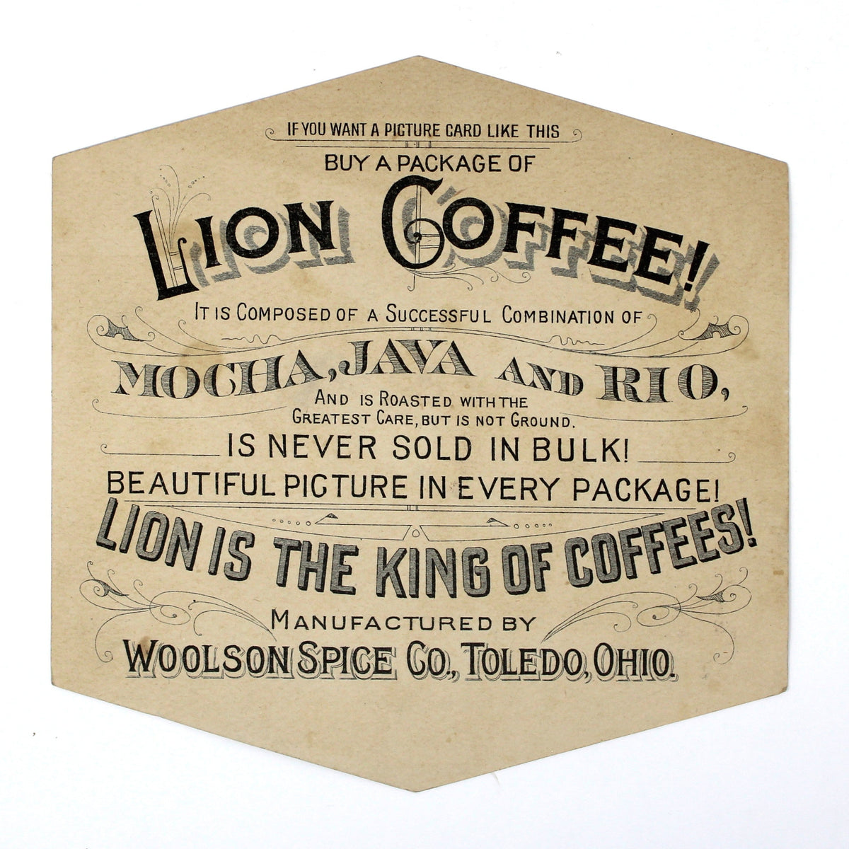 Back view of antique Trade Card: Lion Coffee, Woolson Spice Co., Antique 1880s Advertising Ephemera