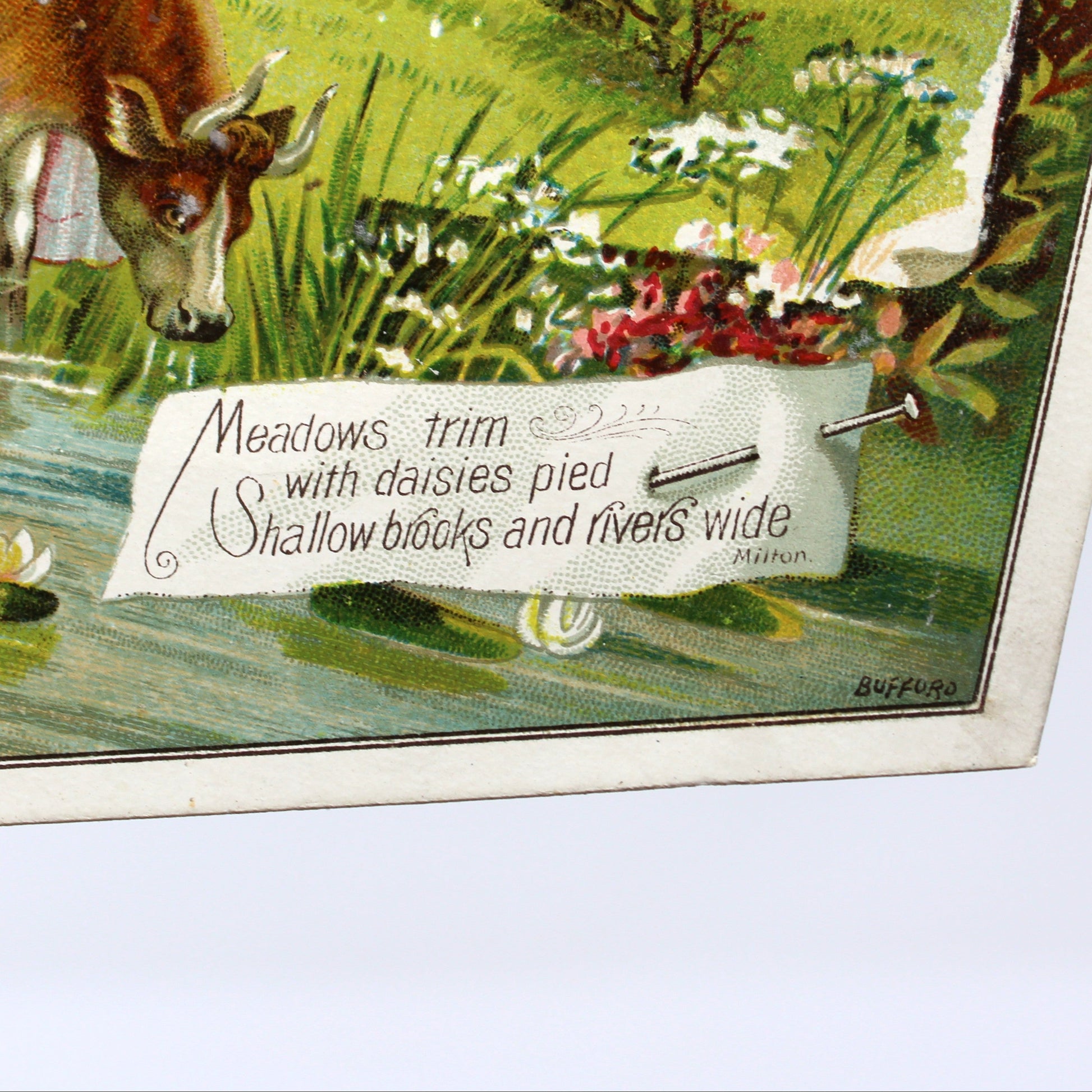 close up of Milton Poem on antique Trade Card: Lion Coffee, Woolson Spice Co., 1880s Advertising Ephemera