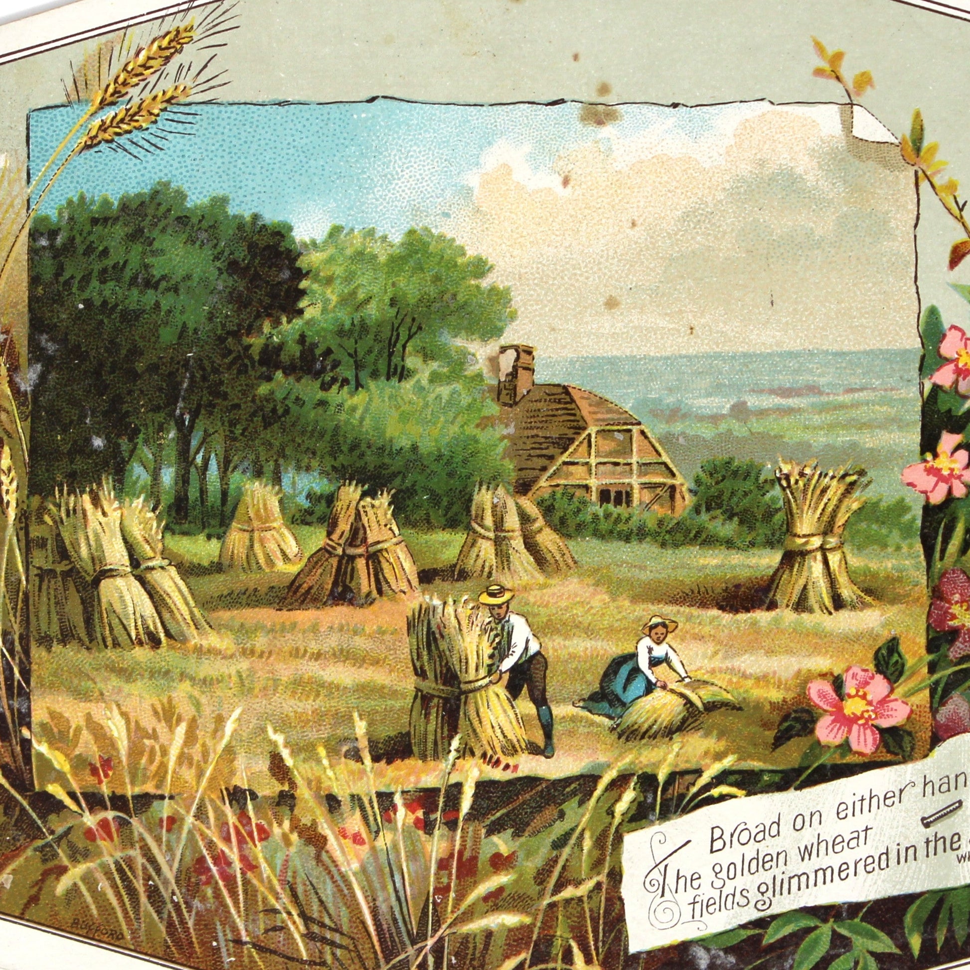 close up of Trade Card: Lion Coffee, Wheat Harvest Scene, Woolson Spice Co., Antique 1880s Advertising Ephemera