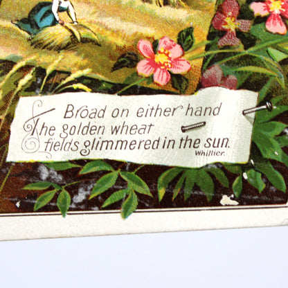 Close up of Whittier Poem on Antique Trade Card: Lion Coffee, Wheat Harvest Scene, Woolson Spice Co.
