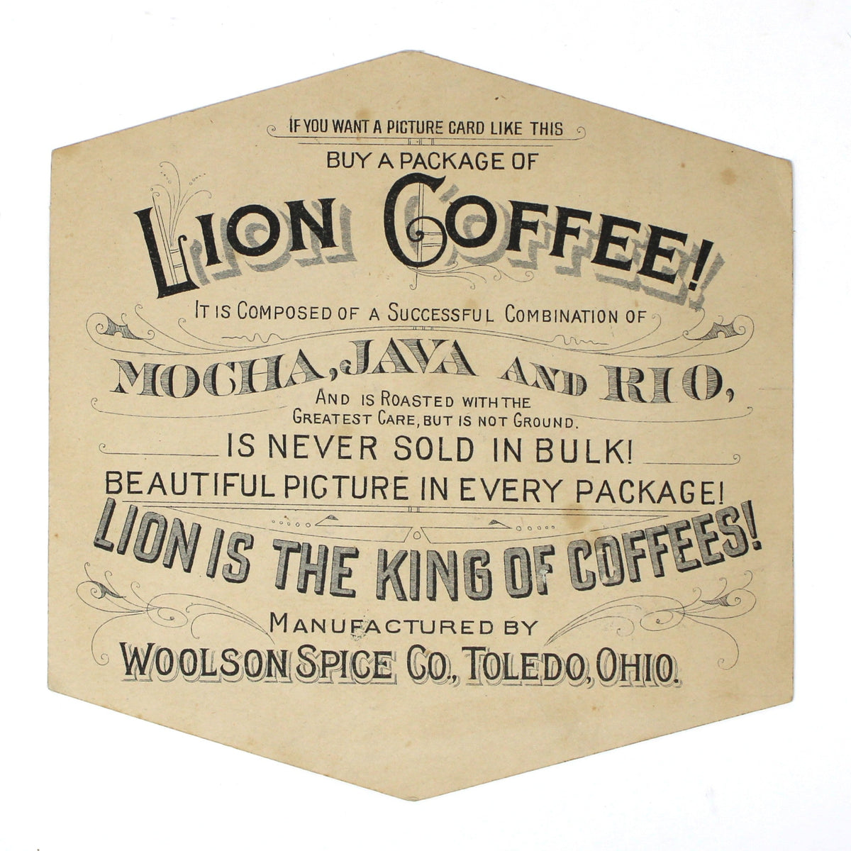 A vintage Lion Coffee Trade Card, hexagonal shaped, back view. 