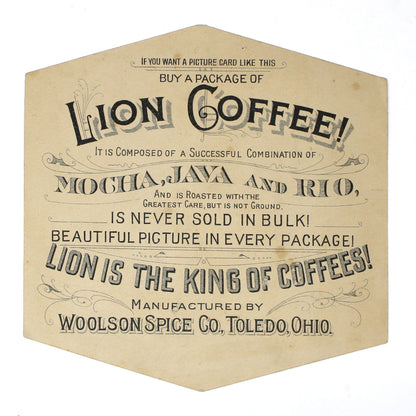 A vintage Lion Coffee Trade Card, hexagonal shaped, back view. 