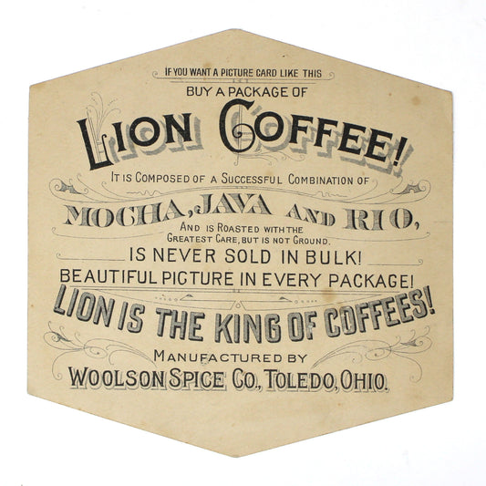 A vintage Lion Coffee Trade Card, hexagonal shaped, back view. 