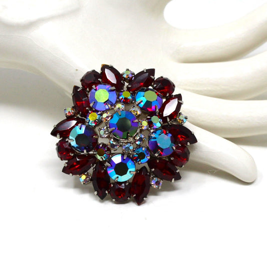 Brooch / Pin, Domed Rosette, Red Marquise Rhinestones with Faceted Aurora Borealis, Vintage
