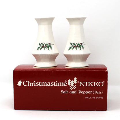 Salt and Pepper Shakers: NIKKO Christmastime, Holly & Berries, 3/4 Hole, Unused in Box, Vintage Japan 1990s