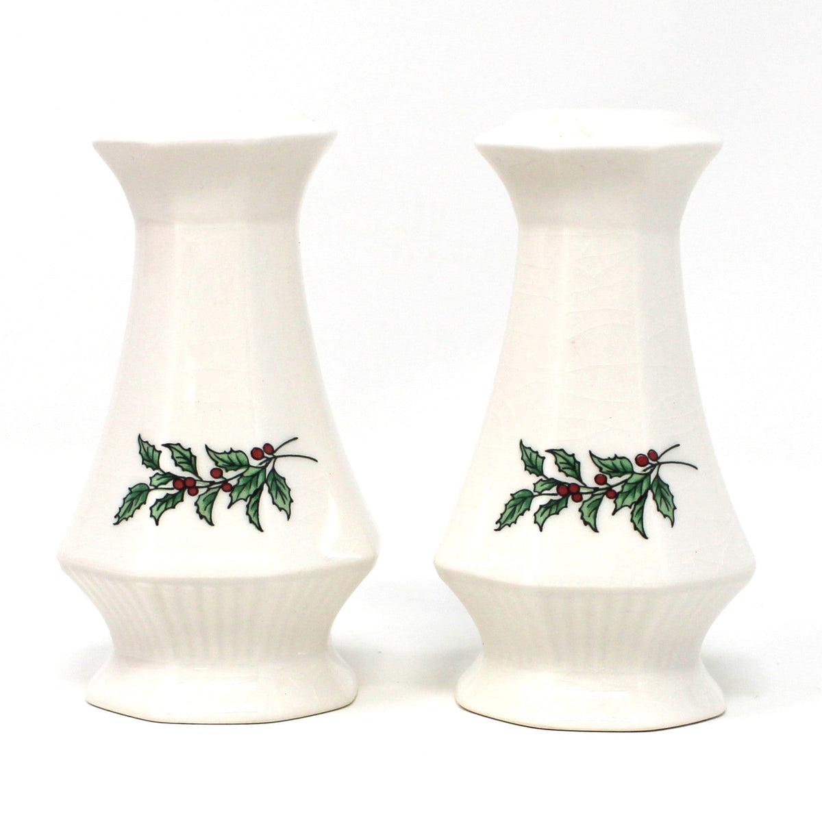 Salt and Pepper Shakers: NIKKO Christmastime, Holly & Berries, 3/4 Hole, Unused in Box, Vintage Japan 1990s