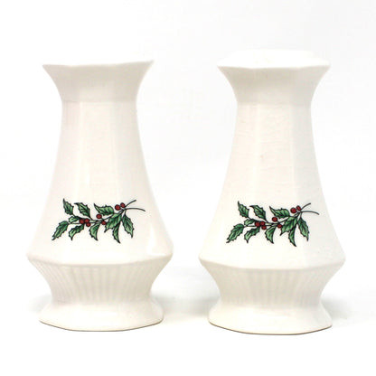 Salt and Pepper Shakers: NIKKO Christmastime, Holly & Berries, 3/4 Hole, Unused in Box, Vintage Japan 1990s