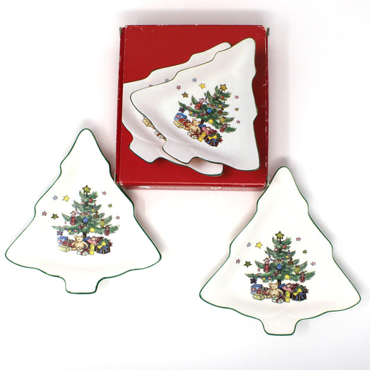 Vintage NIKKO Christmastime Pattern.  Two Christmas tree-shaped ceramic dishes with green-trimmed edges and colorful tree illustrations, in original box.