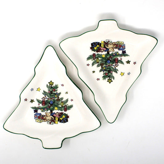 Vintage NIKKO Christmastime Pattern.  Two Christmas tree-shaped ceramic dishes with green-trimmed edges and colorful tree illustrations, in original box.