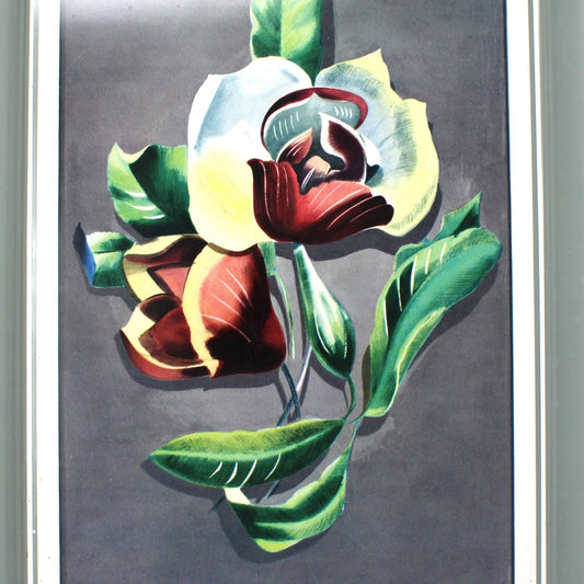 Tray: Stylized Lily Magnolia, Tin Lithograph Serving Tray, Floral Mid Century, Vintage 1950s