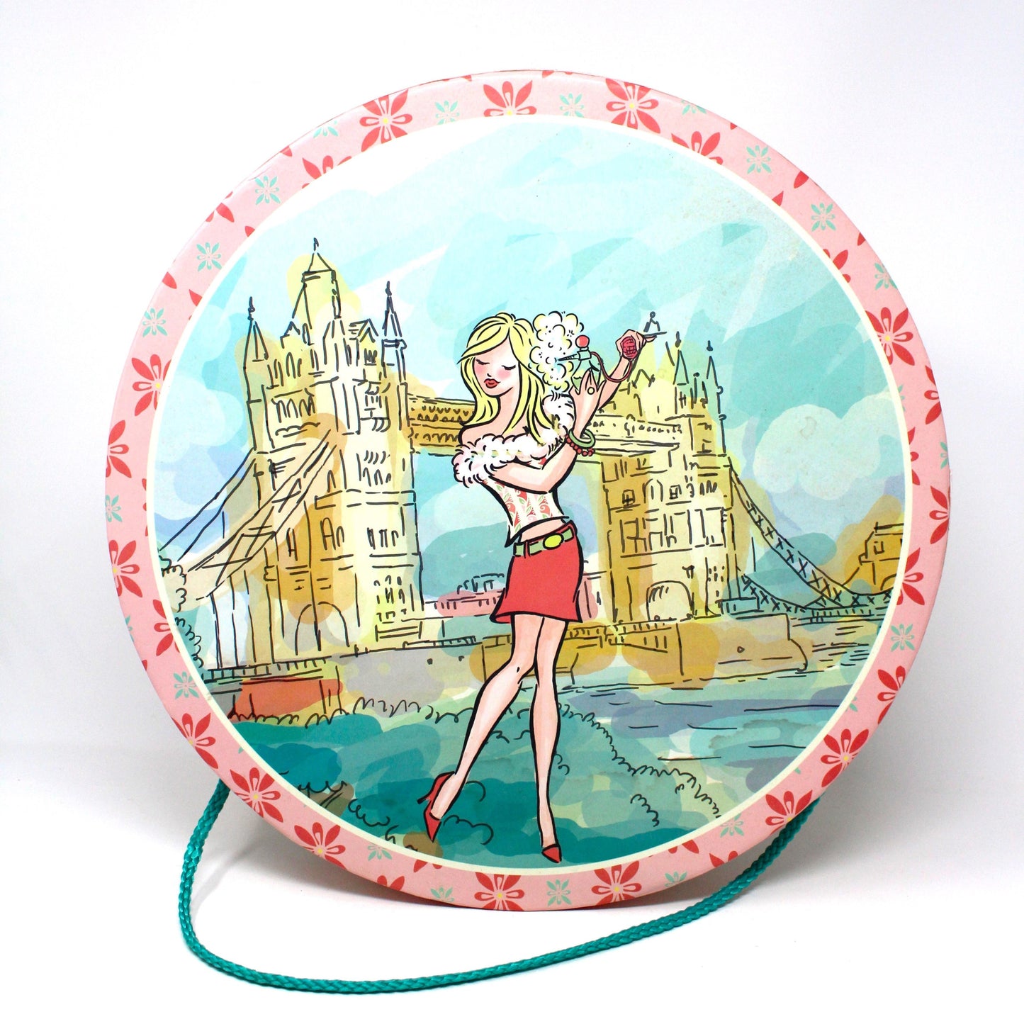 Box, Storage Box / Hat Box, London Chic Mod Girl, Pink & Turquoise Box with Rope. 14"