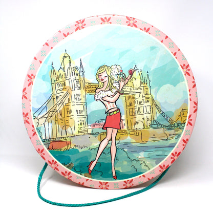 Box, Storage Box / Hat Box, London Chic Mod Girl, Pink & Turquoise Box with Rope. 14"