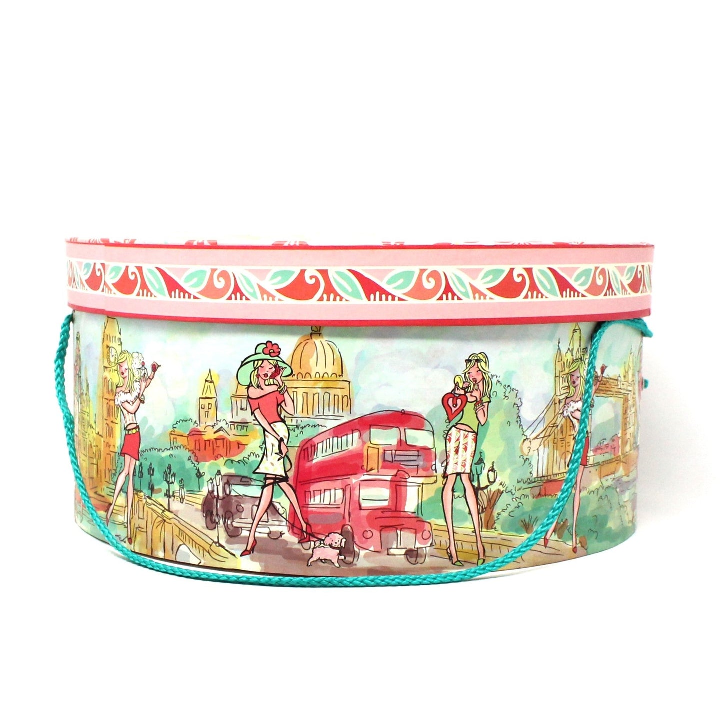 Box, Storage Box / Hat Box, London Chic Mod Girl, Pink & Turquoise Box with Rope. 14"