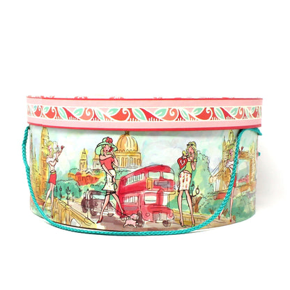 Box, Storage Box / Hat Box, London Chic Mod Girl, Pink & Turquoise Box with Rope. 14"
