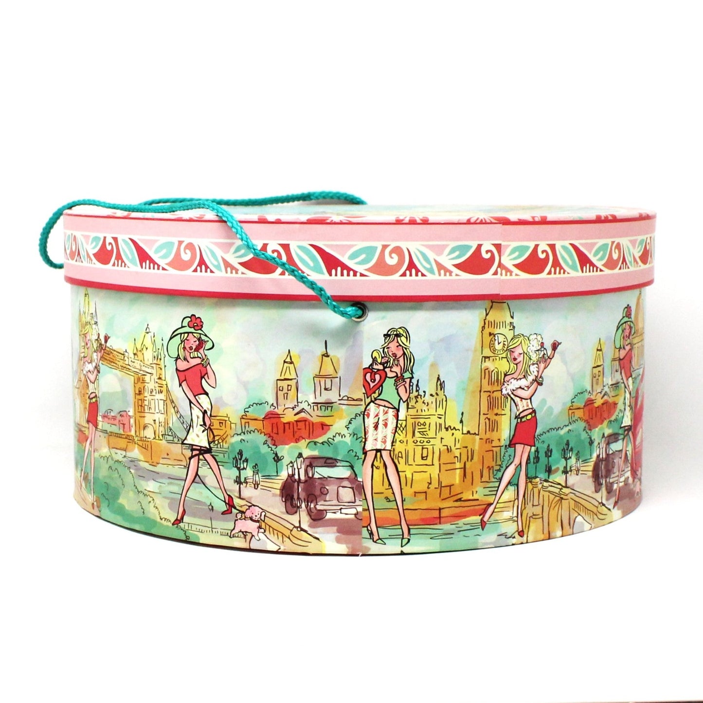 Box, Storage Box / Hat Box, London Chic Mod Girl, Pink & Turquoise Box with Rope. 14"