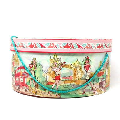 Box, Storage Box / Hat Box, London Chic Mod Girl, Pink & Turquoise Box with Rope. 14"