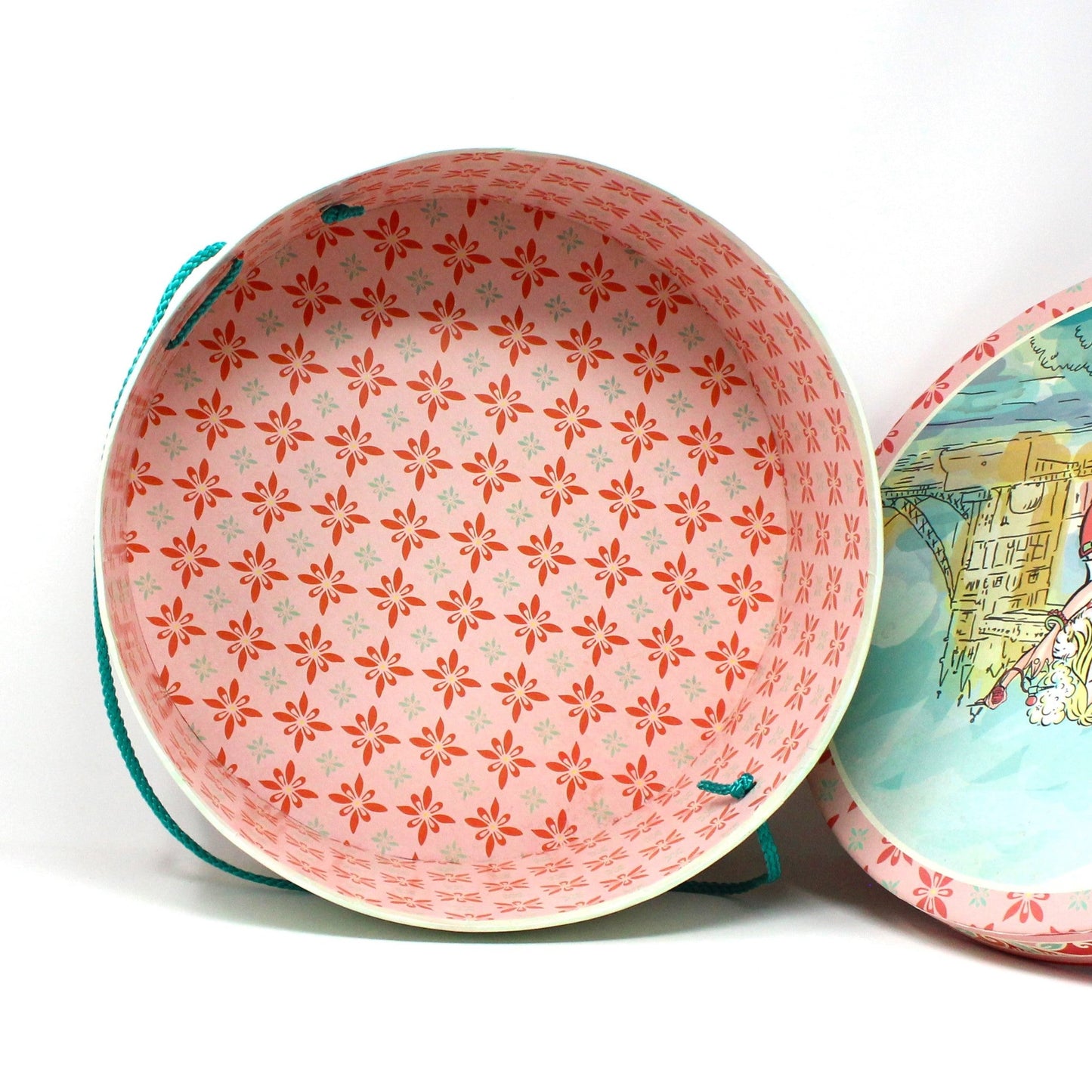 Box, Storage Box / Hat Box, London Chic Mod Girl, Pink & Turquoise Box with Rope. 14"