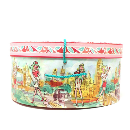 Box, Storage Box / Hat Box, London Chic Mod Girl, Pink & Turquoise Box with Rope. 14"