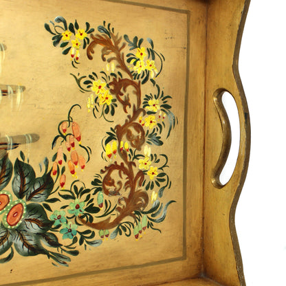 Tray: Hand Painted Bird and Floral Design, Wood Serving Tray, Vintage 1960s