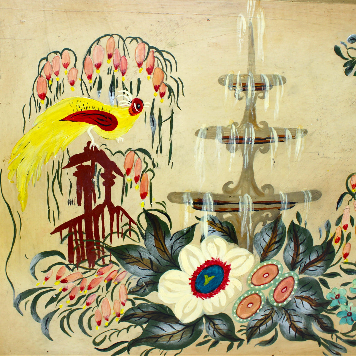 Close-up of a vintage wooden serving tray with a hand-painted chinoiserie design featuring a tiered fountain, a yellow bird, and floral motifs on a light beige background.