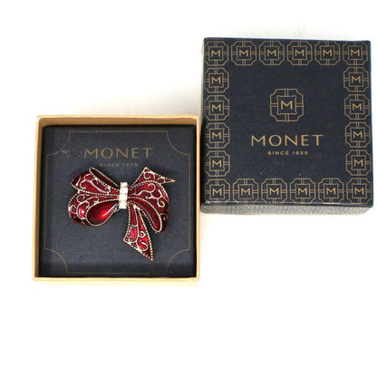 Brooch / Pin, Monet, Red Enamel Bow with Rhinestones, Original Box, Vintage