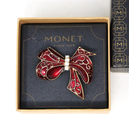 Brooch / Pin, Monet, Red Enamel Bow with Rhinestones, Original Box, Vintage