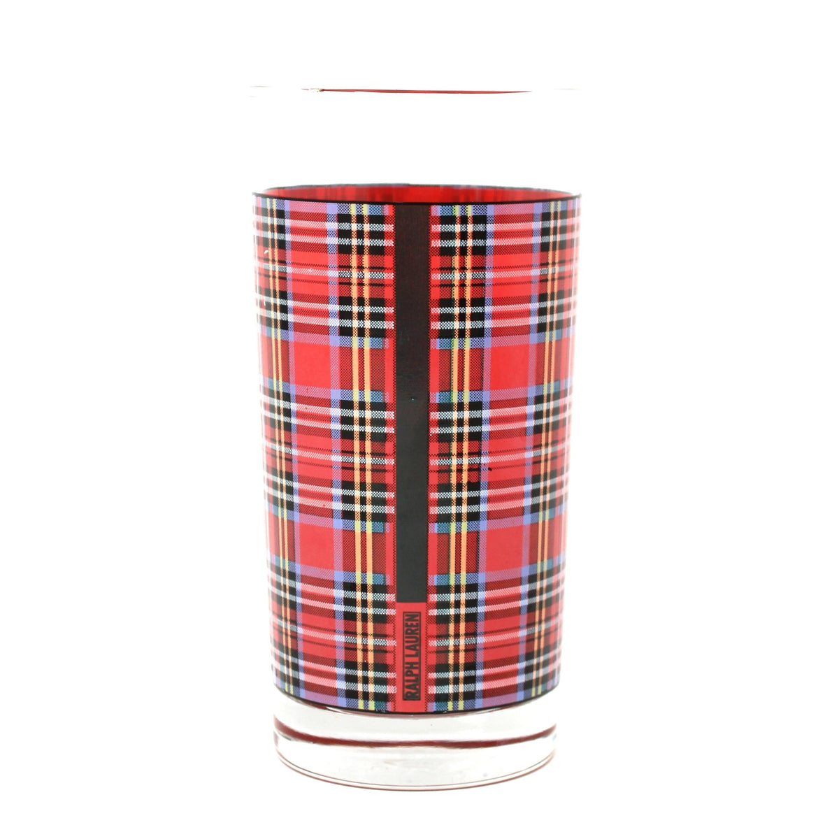 Back view of Vintage Ralph Lauren, Red Tartan Plaid Blown Glass, with Ralph Lauren logo.