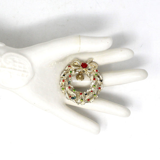 Brooch / Pin, Christmas Wreath with Bell, Red Rhinestone & Enamel, Gold Tone, Vintage, SOLD