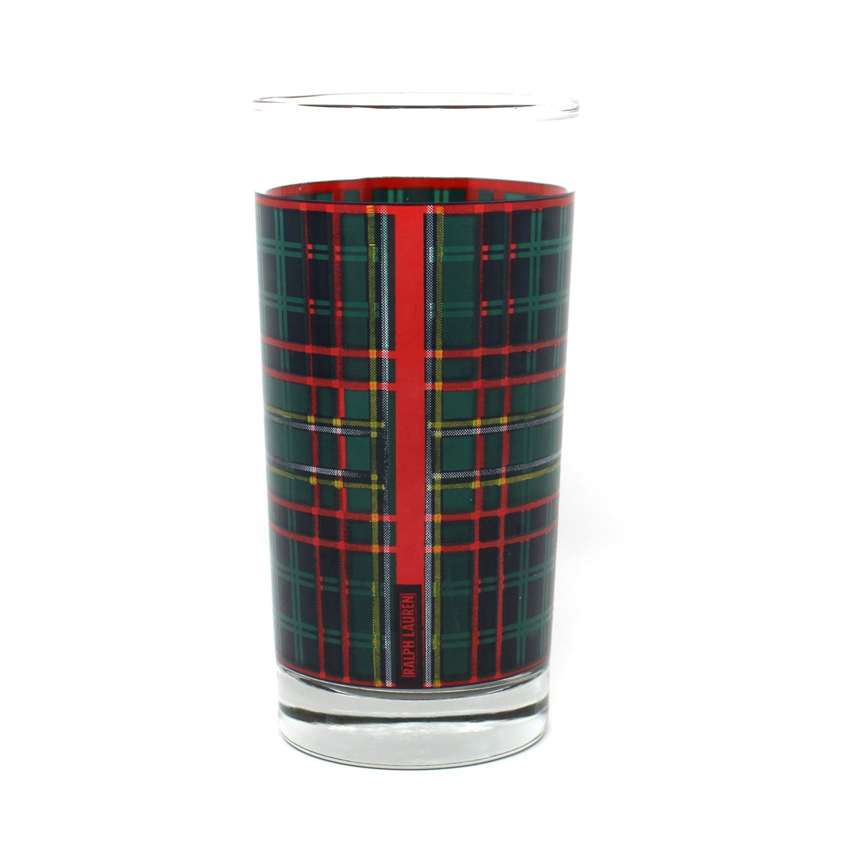 Back view of Vintage Ralph Lauren, Green Tartan Plaid Blown Glass, with Ralph Lauren logo.