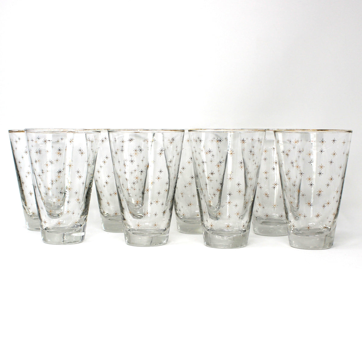 Cocktail Glasses, Libbey Alpine Gold Starburst Pattern, Set of 8, Vintage Holiday Barware, USA, Mid Century