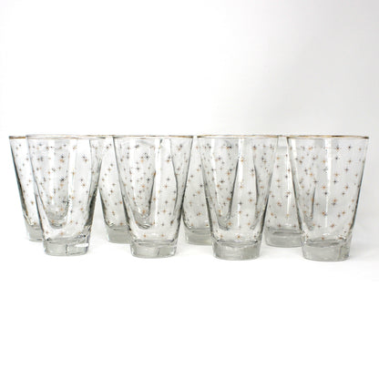 Cocktail Glasses, Libbey Alpine Gold Starburst Pattern, Set of 8, Vintage Holiday Barware, USA, Mid Century