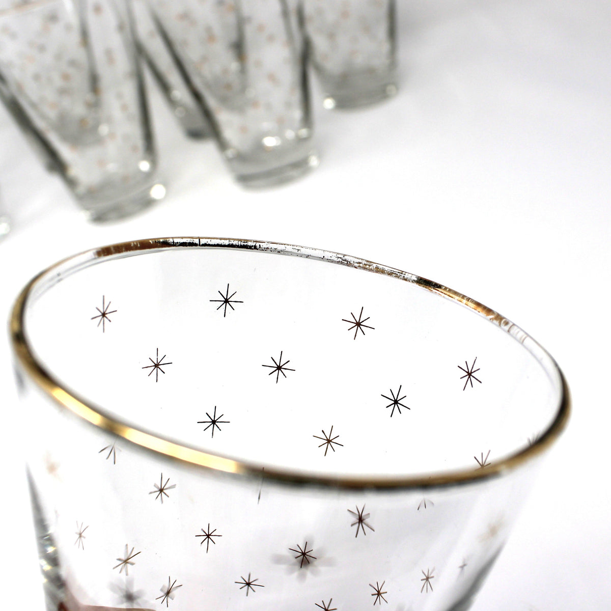 Cocktail Glasses, Libbey Alpine Gold Starburst Pattern, Set of 8, Vintage Holiday Barware, USA, Mid Century