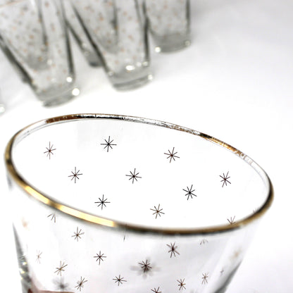 Cocktail Glasses, Libbey Alpine Gold Starburst Pattern, Set of 8, Vintage Holiday Barware, USA, Mid Century