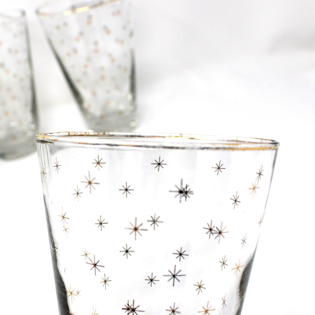 Cocktail Glasses, Libbey Alpine Gold Starburst Pattern, Set of 8, Vintage Holiday Barware, USA, Mid Century