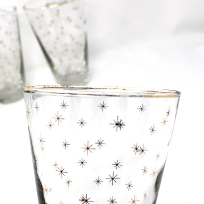 Cocktail Glasses, Libbey Alpine Gold Starburst Pattern, Set of 8, Vintage Holiday Barware, USA, Mid Century