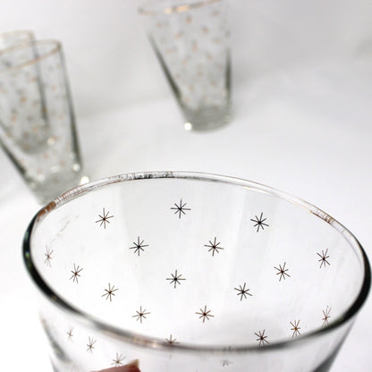 Cocktail Glasses, Libbey Alpine Gold Starburst Pattern, Set of 8, Vintage Holiday Barware, USA, Mid Century