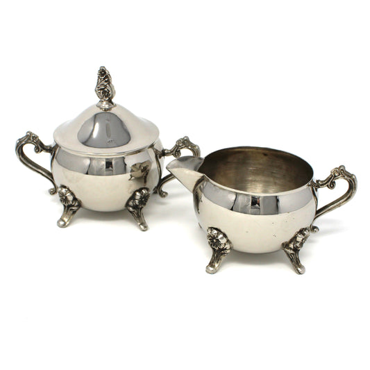 Creamer & Sugar with Lid: Silverplate, Floral Footed, Unmarked, Vintage 1970s