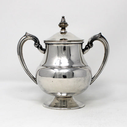 View of one side, Vintage 1930s Sugar Bowl by Lehman Brothers, Silverplate, Pedestal Style, New York 