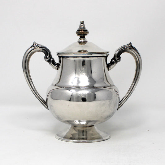 View of one side, Vintage 1930s Sugar Bowl by Lehman Brothers, Silverplate, Pedestal Style, New York 