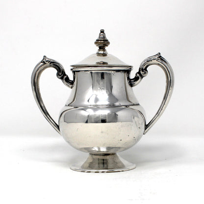 View of opposite side of a Vintage 1930s Sugar Bowl by Lehman Brothers, Silverplate, Pedestal Style, New York 