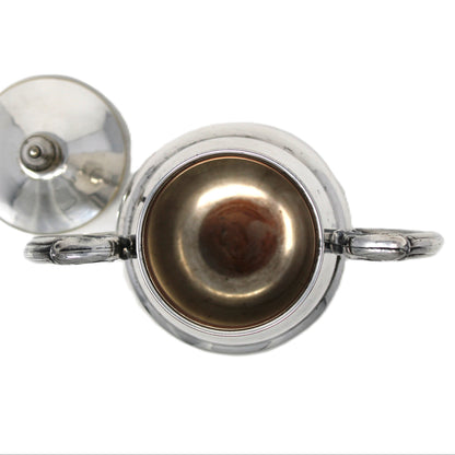 View of the inside of a Vintage 1930s Sugar Bowl by Lehman Brothers, Silverplate, Pedestal Style