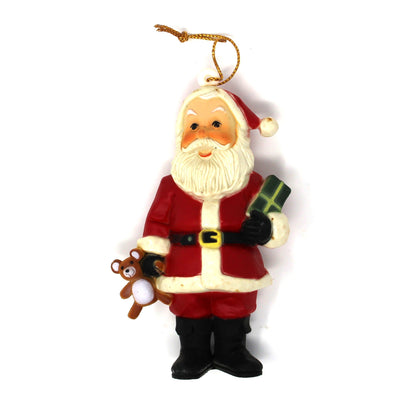 Front view of vintage ornament.  Hard Plastic Santa with Teddy Bear, NOS Sealed in Package, Hong Kong, Vintage 1970s