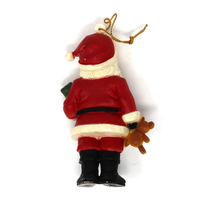 Back view of vintage ornament.  Hard Plastic Santa with Teddy Bear, NOS Sealed in Package, Hong Kong, Vintage 1970s