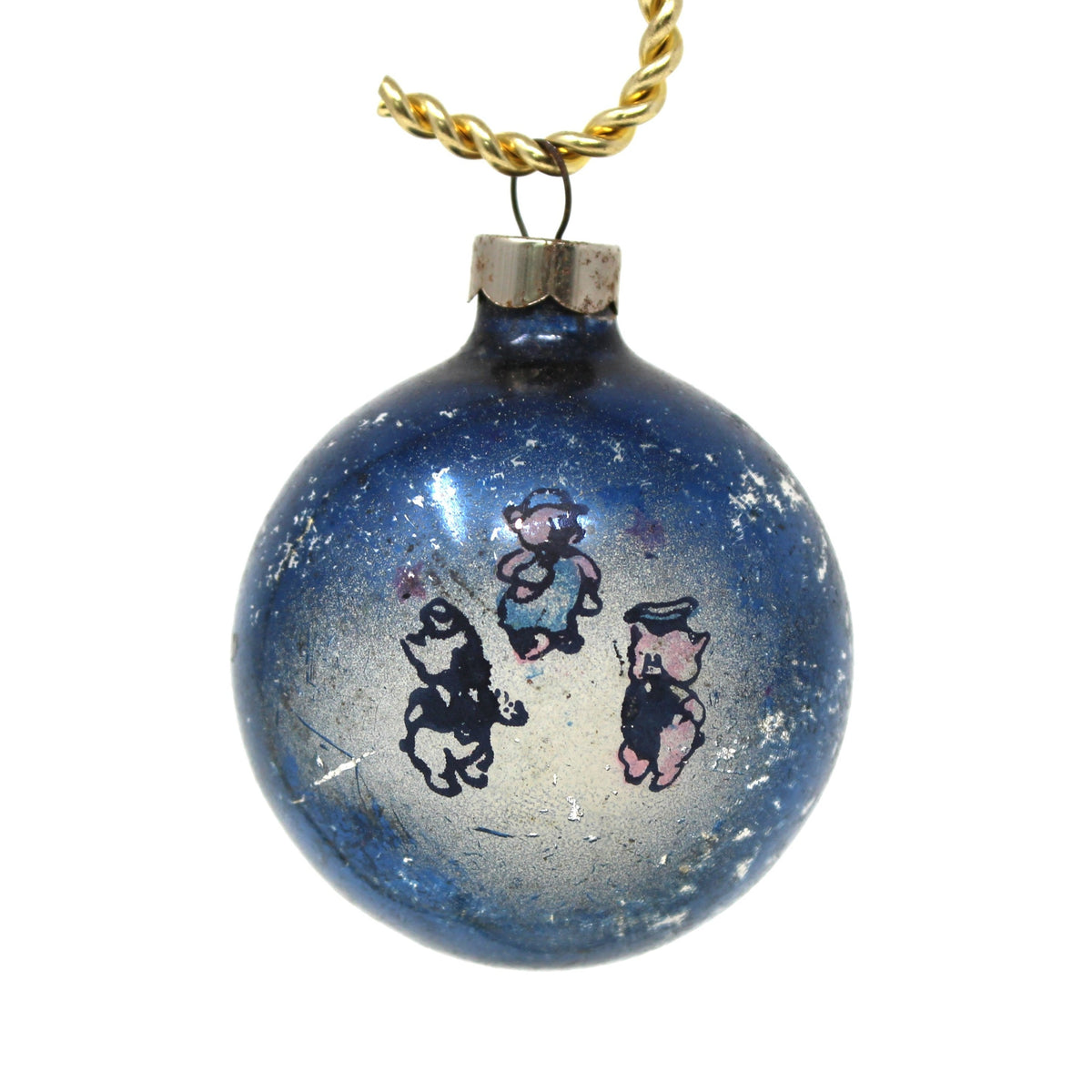 vintage ornament: Mercury Glass Ball, Blue with Three Little Pigs Decal, Mid Century 1950s